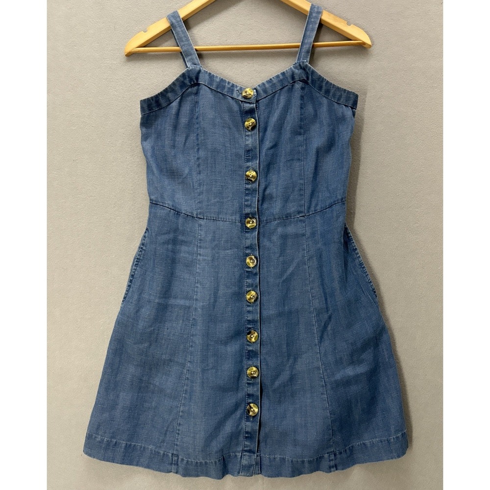 LOFT Linen Blend Button Front Flare Mini Dress Blue Denim Women Size 2